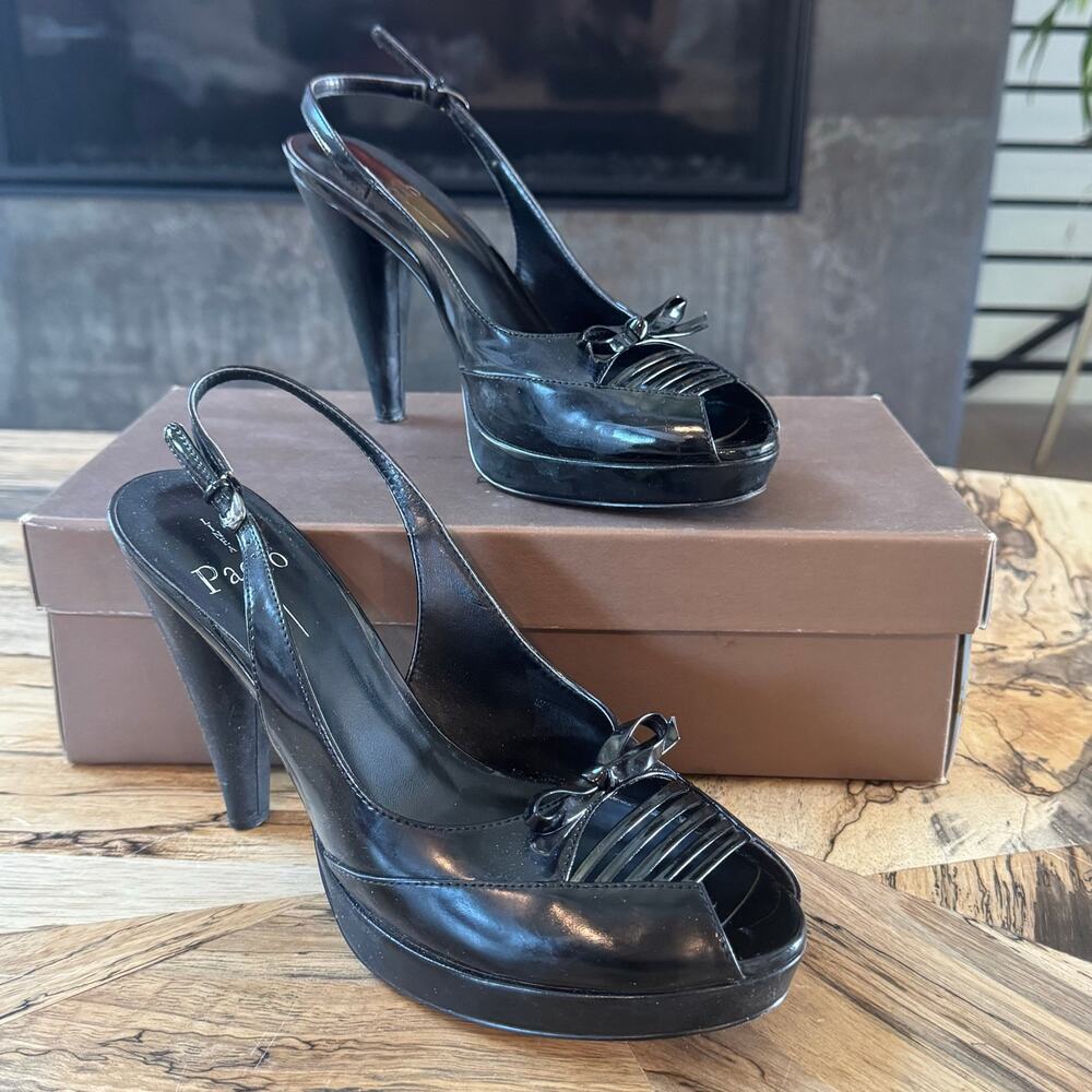 Linea Paolo Lewis Black Patent Leather Platform Slingback Peep Toe Heels Size 9